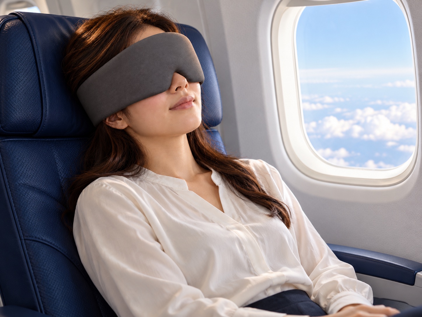 移動中や旅先でEyeSleepを使う様子